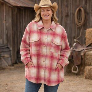 MONROE MAIN pink & white plaid shacket shirt Christmas gift. Plus Size 2X. NWT